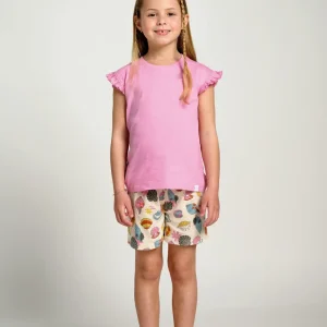 Pijama curto infantil de algodão rosa com estampa de conchas | MUYDEMI