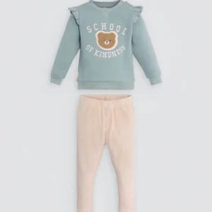 Conjunto bebé sweatshirt com folhos e calças com detalhe de urso texturizado