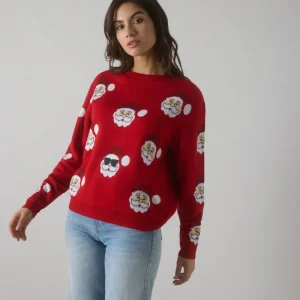 Suéter feminino de Natal com estampa de Papai Noel vermelho