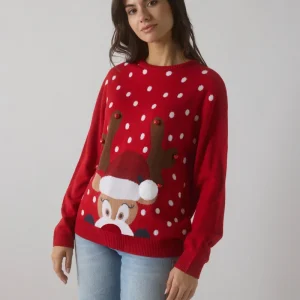 Suéter feminino de Natal com estampa de rena vermelha