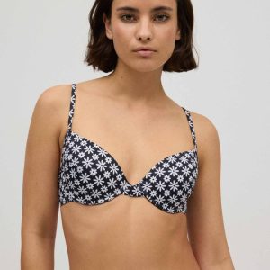 Top de biquíni clássico com argola floral preto e branco