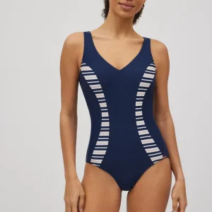 Fato de banho modelador às riscas azul-marinho