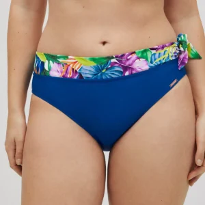 Cueca de biquíni midi azul com estampa tropical