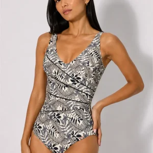 Maiô modelador com aro, estampa de folhas em micropiqué, bojo B