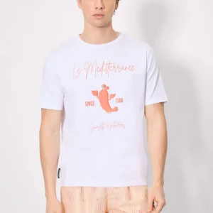 Camiseta branca de manga curta com estampa de lagosta