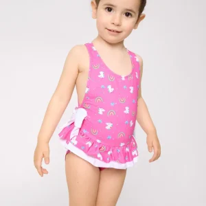 Maiô infantil com detalhes de babados e laços, estampa de unicórnio.
