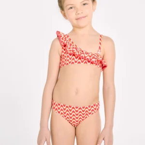 Biquíni assimétrico para meninas com detalhe de babado em estampa étnica