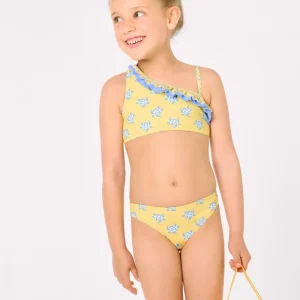 Biquíni assimétrico para meninas com detalhe de babado e estampa de tartaruga.